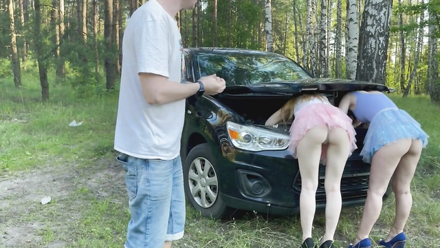 Two bitches stuck of a car and was fucked in the forest