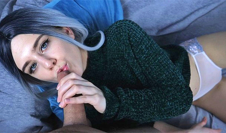 Beauty in a sweater gently sucking cock and fucked in tight pussy